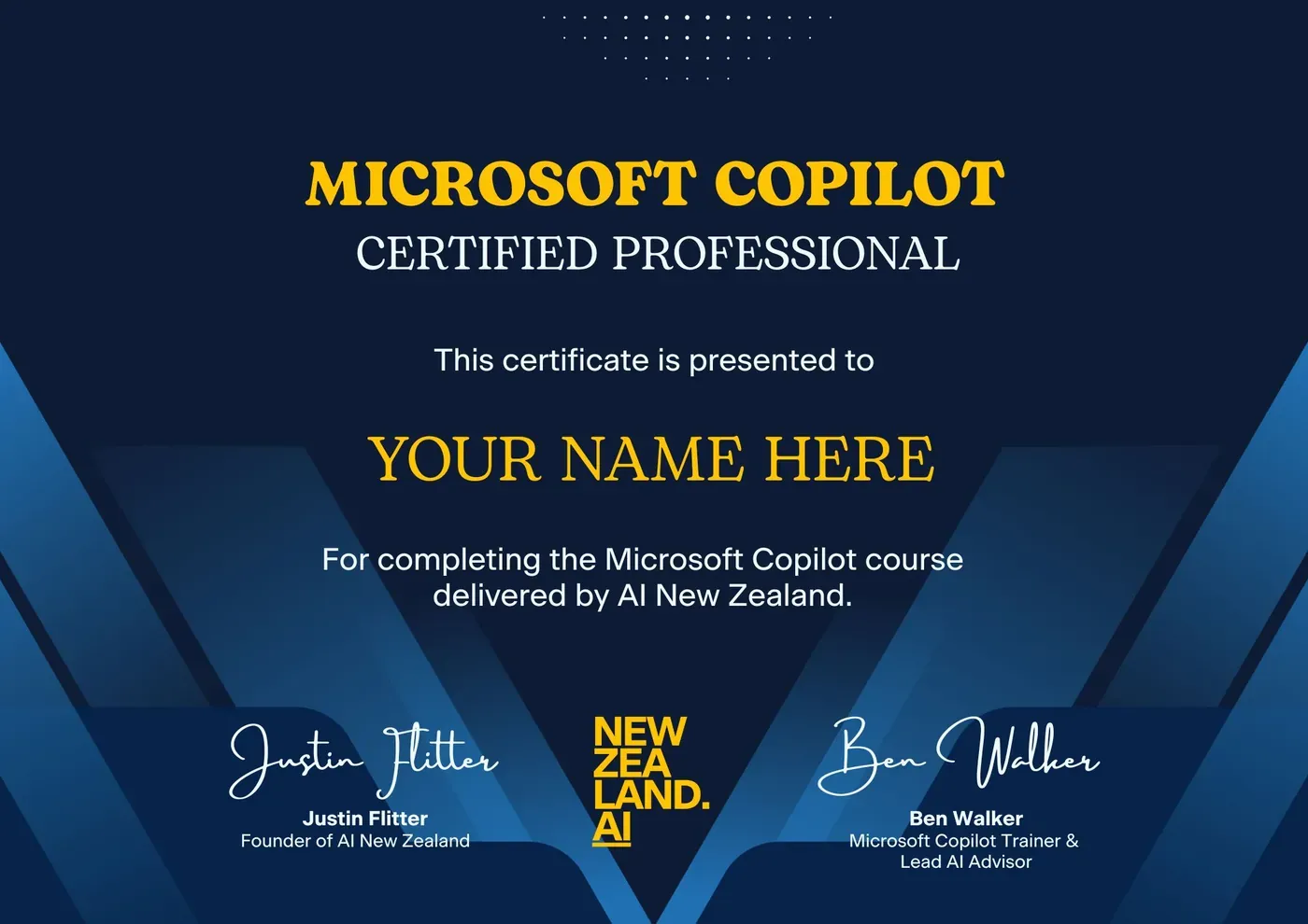 Microsoft Copilot Certified Professional certificate, presented by AI New Zealand and signed by Justin Flitter and Ben Walker