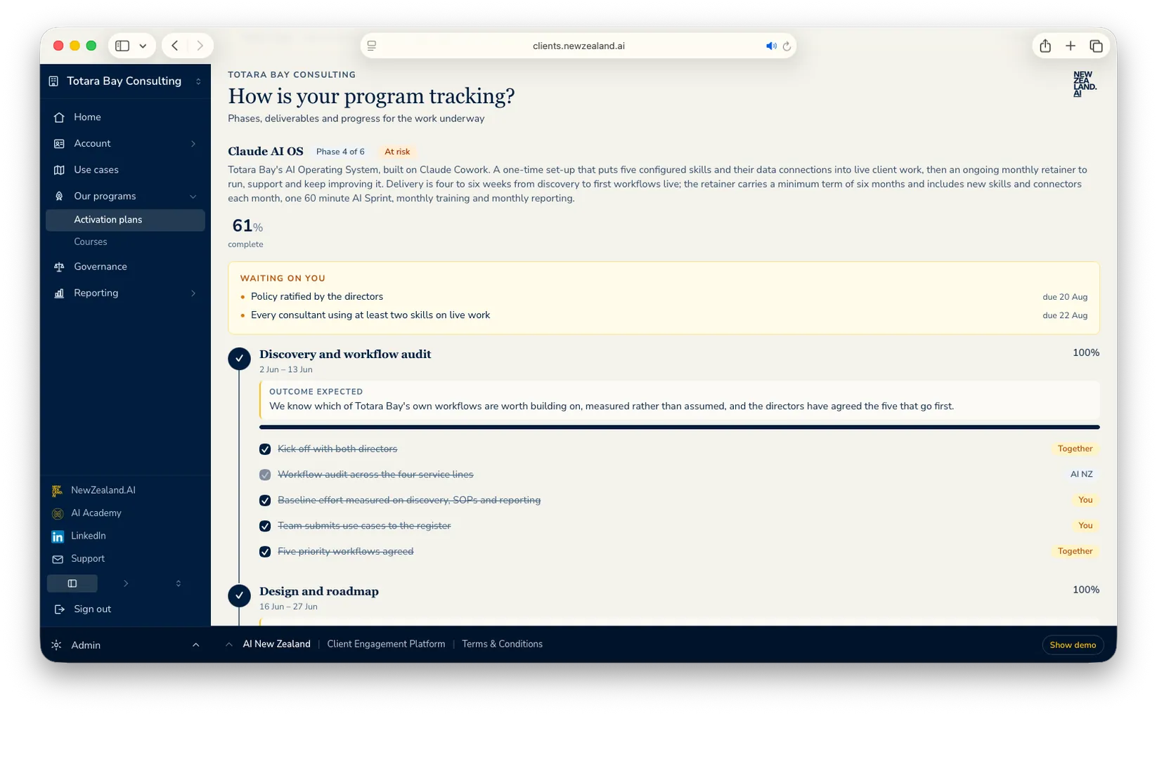 An activation plan showing phase progress, items waiting on the client, and completed deliverables