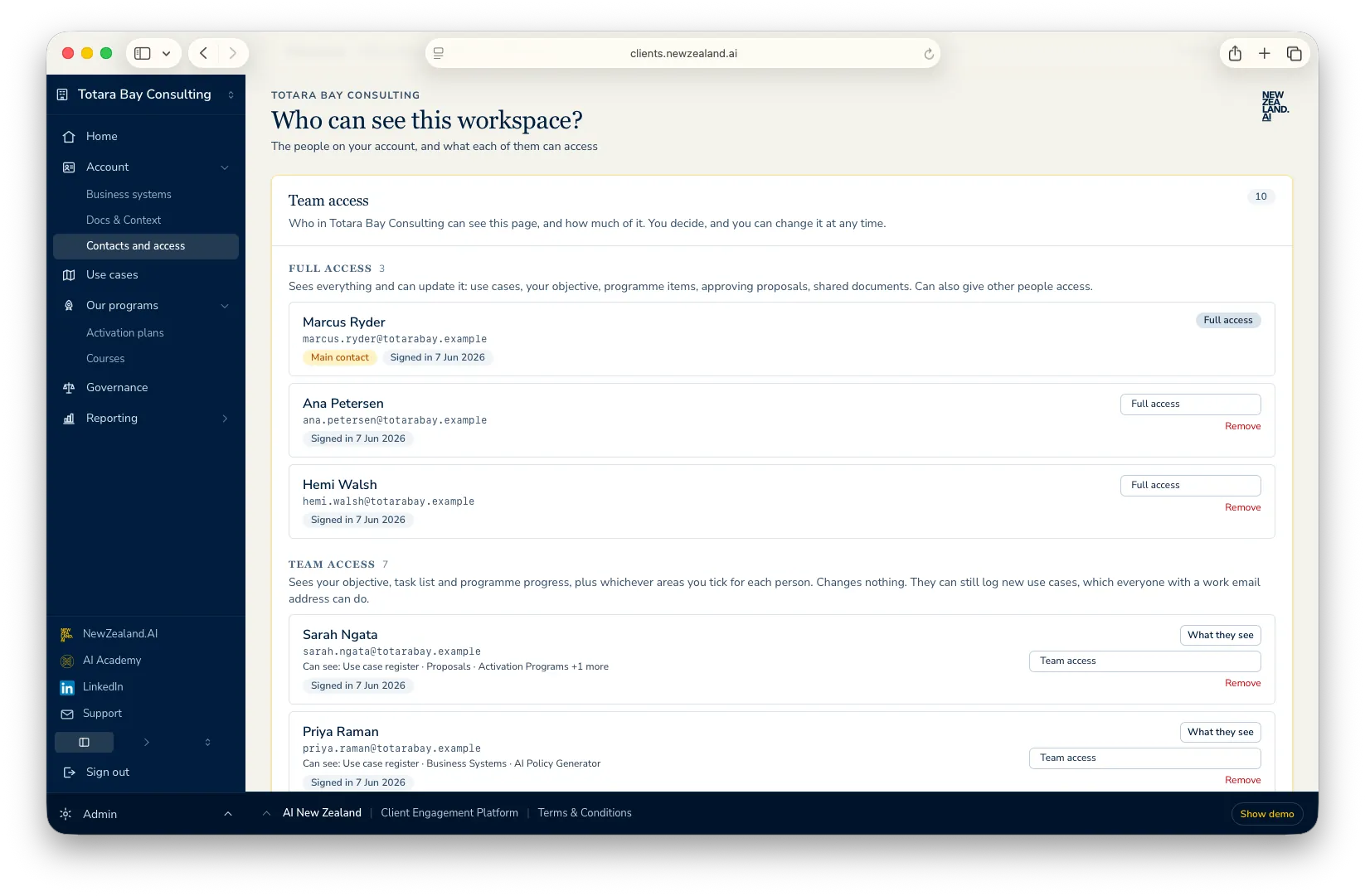 The contacts and access panel, showing people with full access and people with team access