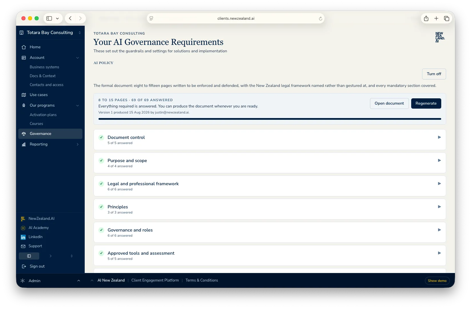 The AI governance area, showing a completed AI policy questionnaire ready to produce the document