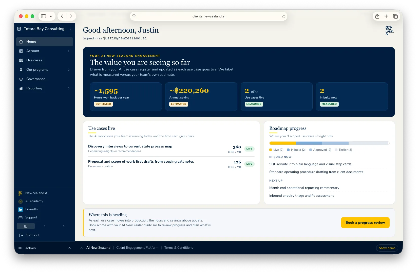 Platform home showing estimated hours won back, annual saving, live use cases and roadmap progress