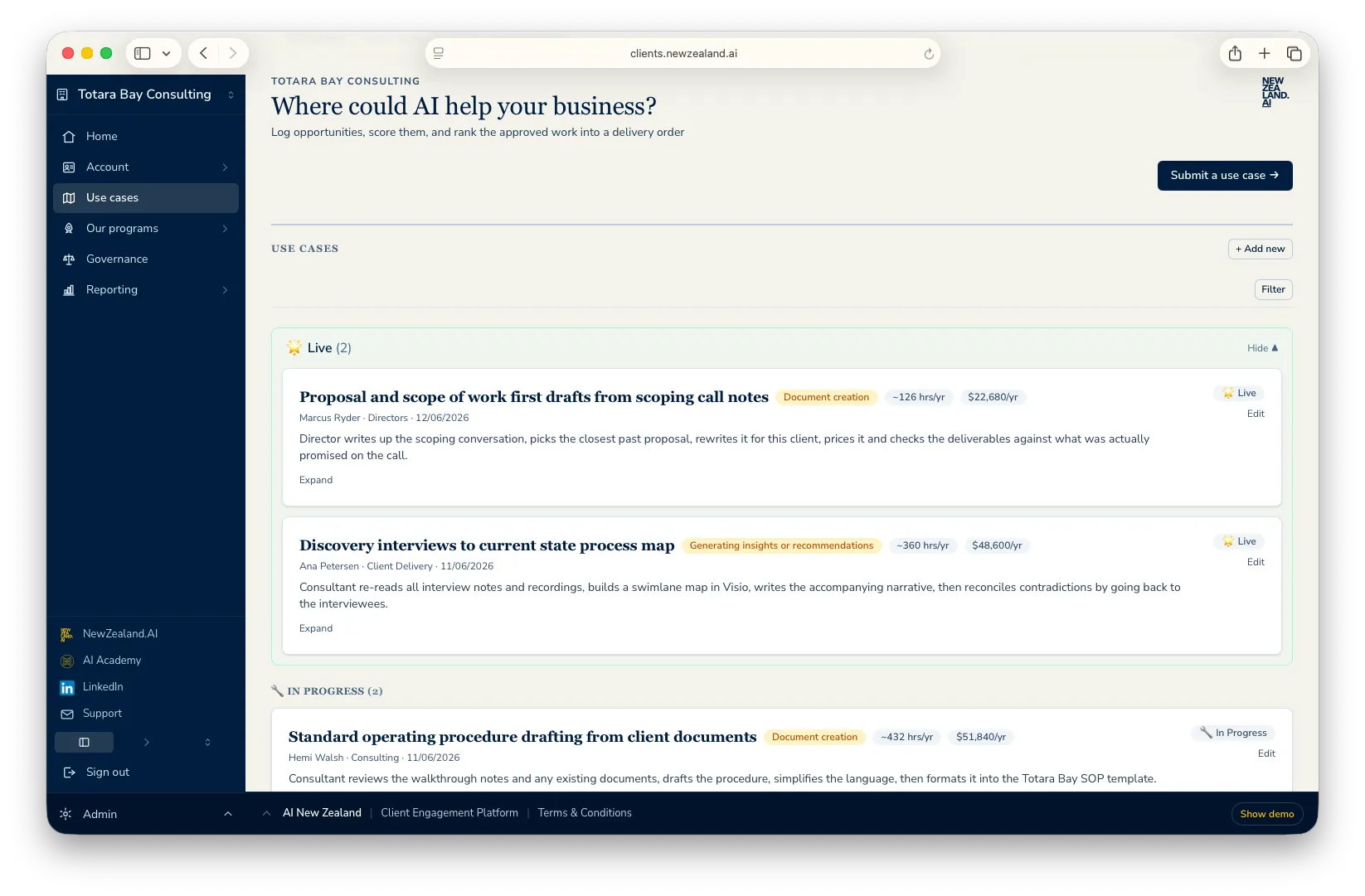 The use case register, showing live and in progress AI use cases with hours and dollars per year
